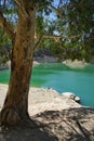 Spectacular panoramic views of the Guadalhorce reservoir, next to the Caminito del Rey in Malaga, Spain. Turquoise blue water and