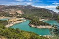 Spectacular panoramic views of the Guadalhorce reservoir, next to the Caminito del Rey in Malaga, Spain. Turquoise blue water and