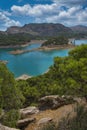 Spectacular panoramic views of the Guadalhorce reservoir, next to the Caminito del Rey in Malaga, Spain. Turquoise blue water and