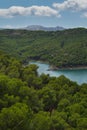 Spectacular panoramic views of the Guadalhorce reservoir, next to the Caminito del Rey in Malaga, Spain. Turquoise blue water and