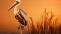 Spectacular Pelican Perched On Brown Stem Against Vibrant Backdrop