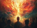 Spectacular Phoenix Bird Soaring Above a Crowd in a Blaze of Fire and Light. Generative AI Royalty Free Stock Photo