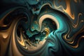 Spectacular realistic abstract backdrop of a whirlpool of teal and gold. Digital art 3D illustration. Mable with liquid texture