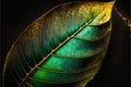 Spectacular realistic detailed veins and half green and gold abstract close-up, leaf covered with gold dust Royalty Free Stock Photo