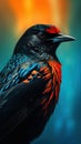 Spectacular Red-Winged Blackbird in Extreme Close-Up Macro Shot.