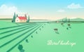 Spectacular rural landscape with farm building, windmill, cows grazing in green field against beautiful sky on