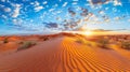 Spectacular sahara desert panorama at sunset with golden sand dunes captivating landscape banner