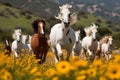 Spectacular scene of a majestic herd of horses galloping across a lush, vibrant green field