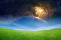 Spectacular sci-fi image - deep space teleportation science experiment, big transparent dome over green field