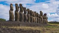 Spectacular shot of a row of famous moai statues under the clear blue summer sky