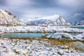 Spectacular snowy winter scene of  Valberg village with snowy  mountain peaks on Lofoten Islands Royalty Free Stock Photo