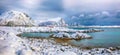 Spectacular snowy winter scene of  Valberg village with snowy  mountain peaks on Lofoten Islands Royalty Free Stock Photo