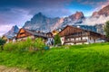 Spectacular summer alpine village in the Dolomites at sunset, Italy Royalty Free Stock Photo