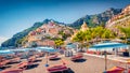 Spectacular summer cityscape of cliffside village on southern Italy`s Amalfi Coast - Positano.