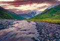 Spectacular summer sunrise in Caucasus mountains valley Adishchala river. Royalty Free Stock Photo