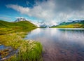 Spectacular summer view of Bachalpsee lake with Schreckhorn and Wetterhorn peacks on background Royalty Free Stock Photo