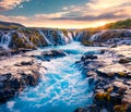 Spectacular summer view of Bruarfoss Waterfall, secluded spot with cascading blue waters. Superb sunrise in Iceland, Europe.