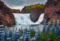 Spectacular summer view of Hjalparfoss Waterfall. Amazing sunrise on Iceland, Europe.