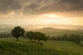 Spectacular sunrise on the fields of Tuscany, Italy. Summer landscape