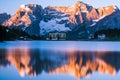 Spectacular sunrise over Misurina Lake in Italy,Dolomites mountains