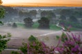 Spectacular sunrise with rays of sun over the blooming purple heather with thin layers of fog.