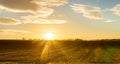 A spectacular sunrise with sunbeams over the rolling hills in an Italian landscape with the typical Tuscan Poplar trees. Royalty Free Stock Photo