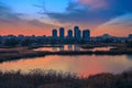 Spectacular sunset beautiful landscape cityscape horizon Bucharest Romania Delta Vacaresti