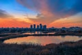 Spectacular sunset beautiful landscape cityscape horizon Bucharest Romania Delta Vacaresti Royalty Free Stock Photo