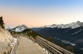 Spectacular sunset Canadian rocky mountains and boardwalk on Sulphur Mountain connect to Gondola landing in Banff, Canada. Gondola