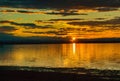 Spectacular sunset over Lake Neusiedl in Podersdorf, Austria creating a fairytale-like atmosphere Royalty Free Stock Photo