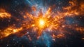 Spectacular supernova explosion illuminates deep space with blue and orange nebula colors, stellar collision amid star. AI generat