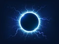 Spectacular thunder and lightning surround blue electric ball. Power energy sphere surrounded electrical lightnings Royalty Free Stock Photo