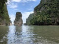 Spectacular, unique view from the sea to the hanging cliffs of Thailand Islands on a clear day