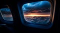 Spectacular view from the airplane window of storm clouds and bright lightning.