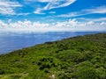 Aerial view from the bluff in Cayman Brac Cayman Islands showing rock structure and lush greenery plants