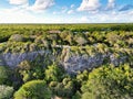 Aerial front view of the bluff in Cayman Brac Cayman Islands showing rock structure and lush greenery plants