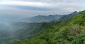 Amazing view from Great Wall of China mountains and green trees in a background Royalty Free Stock Photo