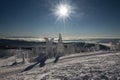 View from Lysa hora hill in Moravskoslezske Beskydy mountains in Czech republic during amazing winter day Royalty Free Stock Photo