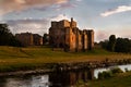 Spectacular view of the ruins of Brougham Castle and stream at sunset in Cumbria, England Royalty Free Stock Photo