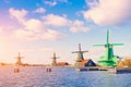 Spectacular view of the water and windmills in Zaanse Schans, Ho Royalty Free Stock Photo