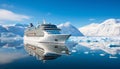 Spectacular views of a large cruise ship sailing through majestic northern seascape with glaciers