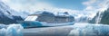Spectacular views of a large cruise ship sailing through northern seascape with glaciers