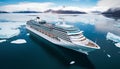 Spectacular views of large cruise ship sailing through northern seascape with glaciers