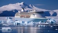 Spectacular views of large cruise ship sailing through northern seascape with glaciers in canada