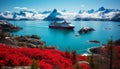 Spectacular views of a large cruise ship sailing through northern seascape with glaciers in canada