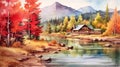 Spectacular Watercolor Painting Of A Fall Cabin By A River