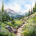 Spectacular Watercolor Painting Of Highline Trail In The Mountains