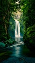 Spectacular waterfall framed by verdant foliage in deep forest