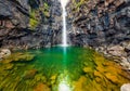 Spectacular waterfall in the outskirts of Haldarsvik village. Gorgeous summer scene of Streymoy island, Faroe, Kingdom of Denmark,