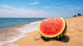 Spectacular Watermelon On Beach: Vibrant Colorism And Youthful Energy